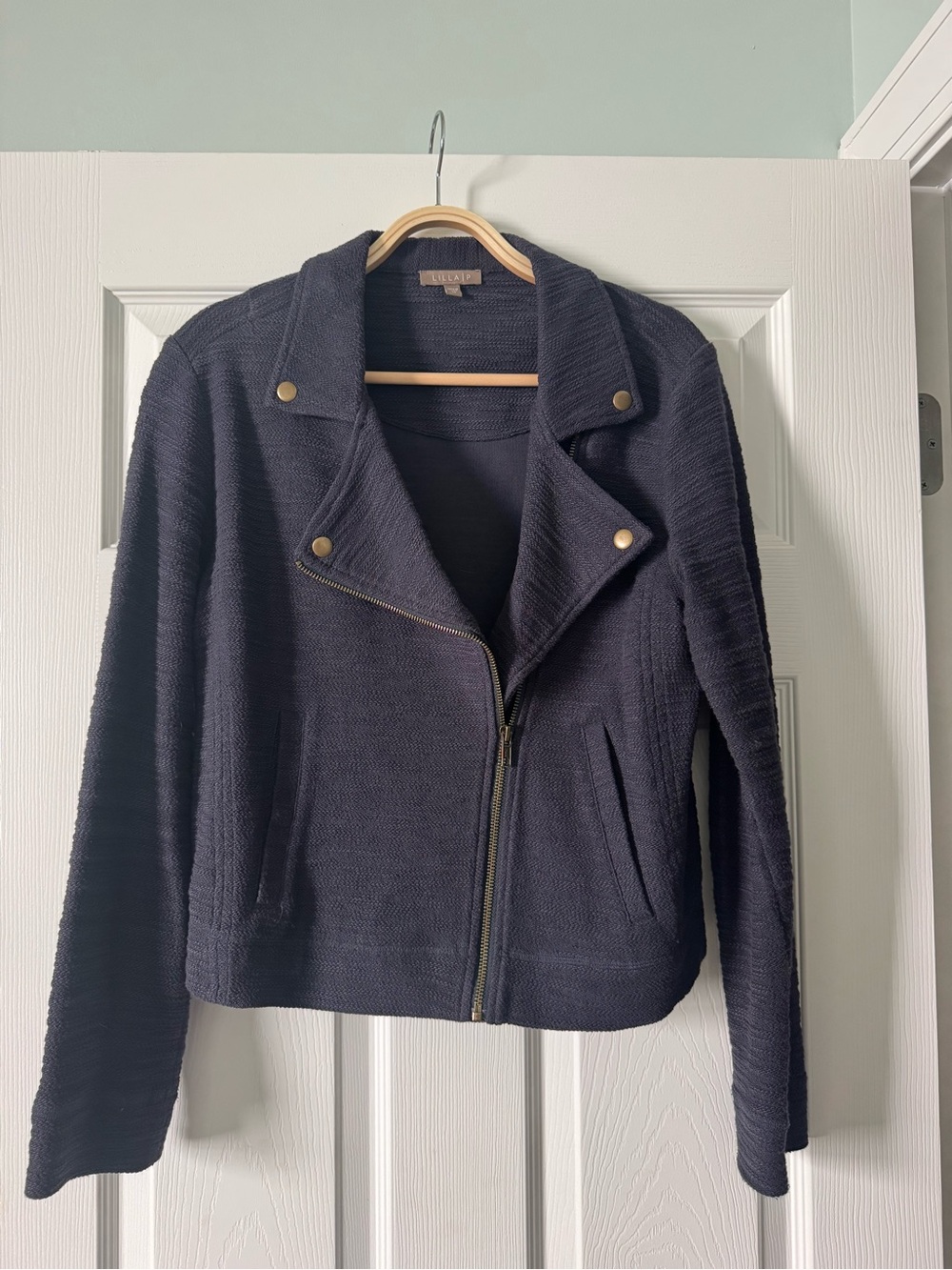 Lilla P Navy Moto Jacket 100% Cotton Women’s Medium Asymmetrical Zip